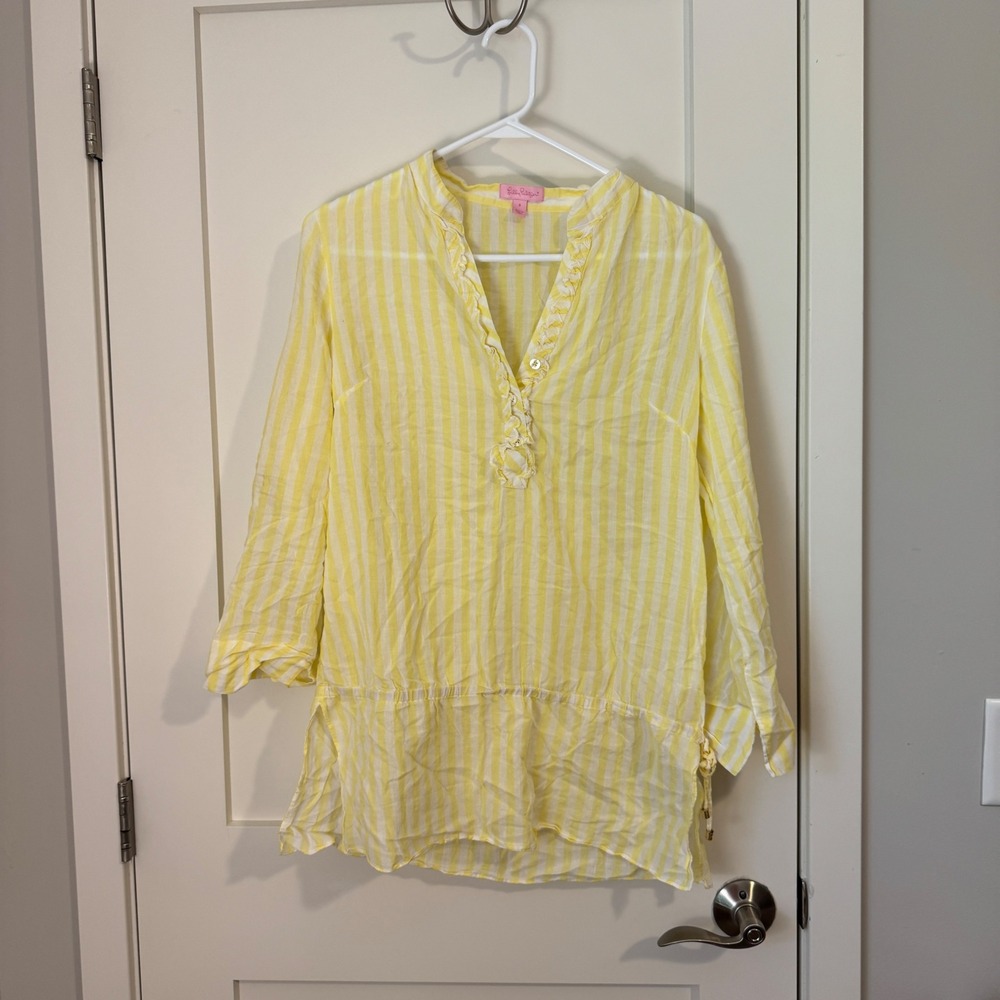 Lilly Pulitzer Yellow White Striped Cotton Ruffle Tunic Blouse Womens Size 8